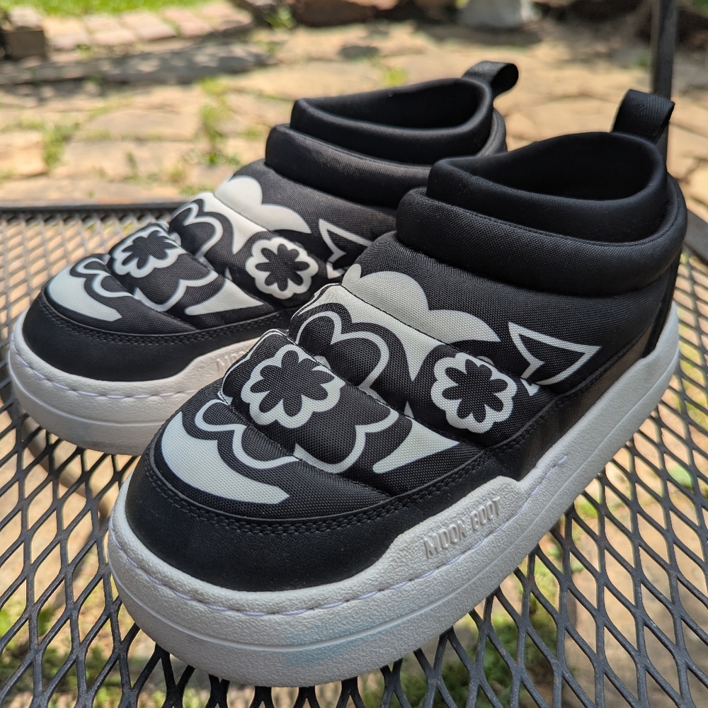 MoonBoot Black & White Floral Slip-On Sneakers